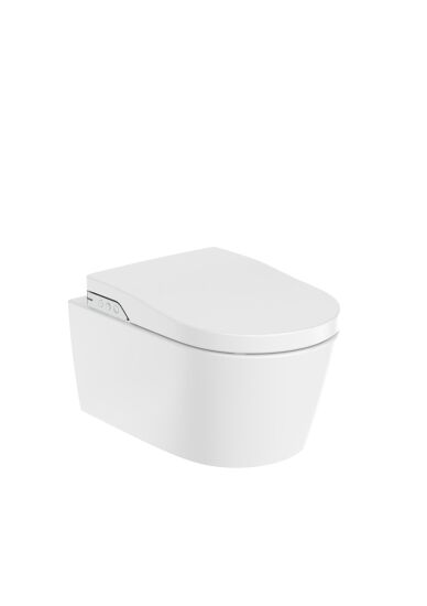 Roca Inspira miska WC ceramiczna podwieszana Rimless odpływ poziomy, 230 V 56.2 x 39 x 47.6 cm biała z deską myjącą z pilotem, z uchwytem montażowym do pilota, oświetleniem LED