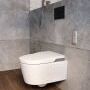 Roca Inspira miska WC ceramiczna podwieszana Rimless odpływ poziomy, 230 V 56.2 x 39 x 47.6 cm biała z deską myjącą z pilotem, z uchwytem montażowym do pilota, oświetleniem LED
