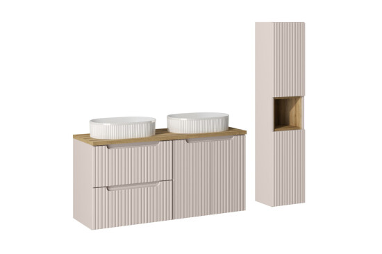 Comad Nova Cashmere zestaw meblowy 120cm z blatem, 2 umywalkami nablatowymi Beyond i szafką wysoką ryle