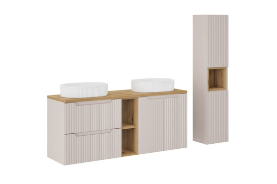 Comad Nova Cashmere zestaw meblowy 140cm z blatem, 2 umywalkami nablatowymi Beyond i szafką wysoką