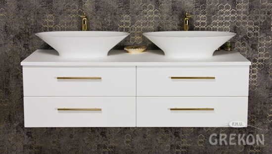 Grekon Belli Gold szafka łazienkowa biała 140 cm z blatem i dwiema umywalką 
