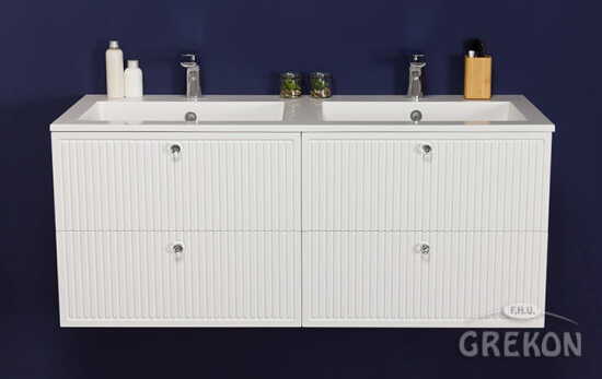 Grekon Argento szafka łazienkowa biała 121 cm  z umywalką podwójną ryflowana