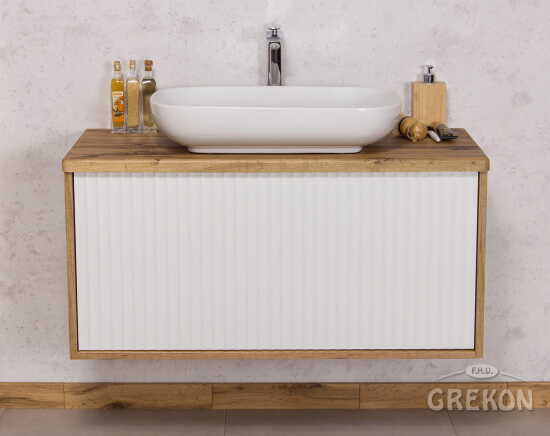 Grekon Venus szafka łazienkowa dąb naturalny 100 cm z blatem i umywalką ryflowana