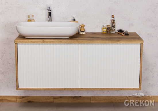 Grekon Venus szafka łazienkowa dąb naturalny 120 cm z blatem i umywalką ryflowana